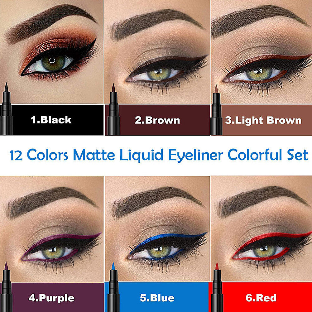 12 Colors Liquid Eyeliner Pen Set Waterproof Smudge-Proof Matte Makeup