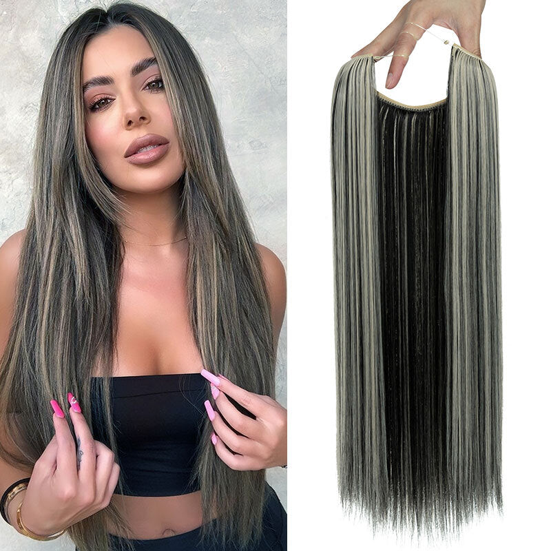 Invisible Wire Hair Extensions - Natural Synthetic Length & Body Wavy or Straight