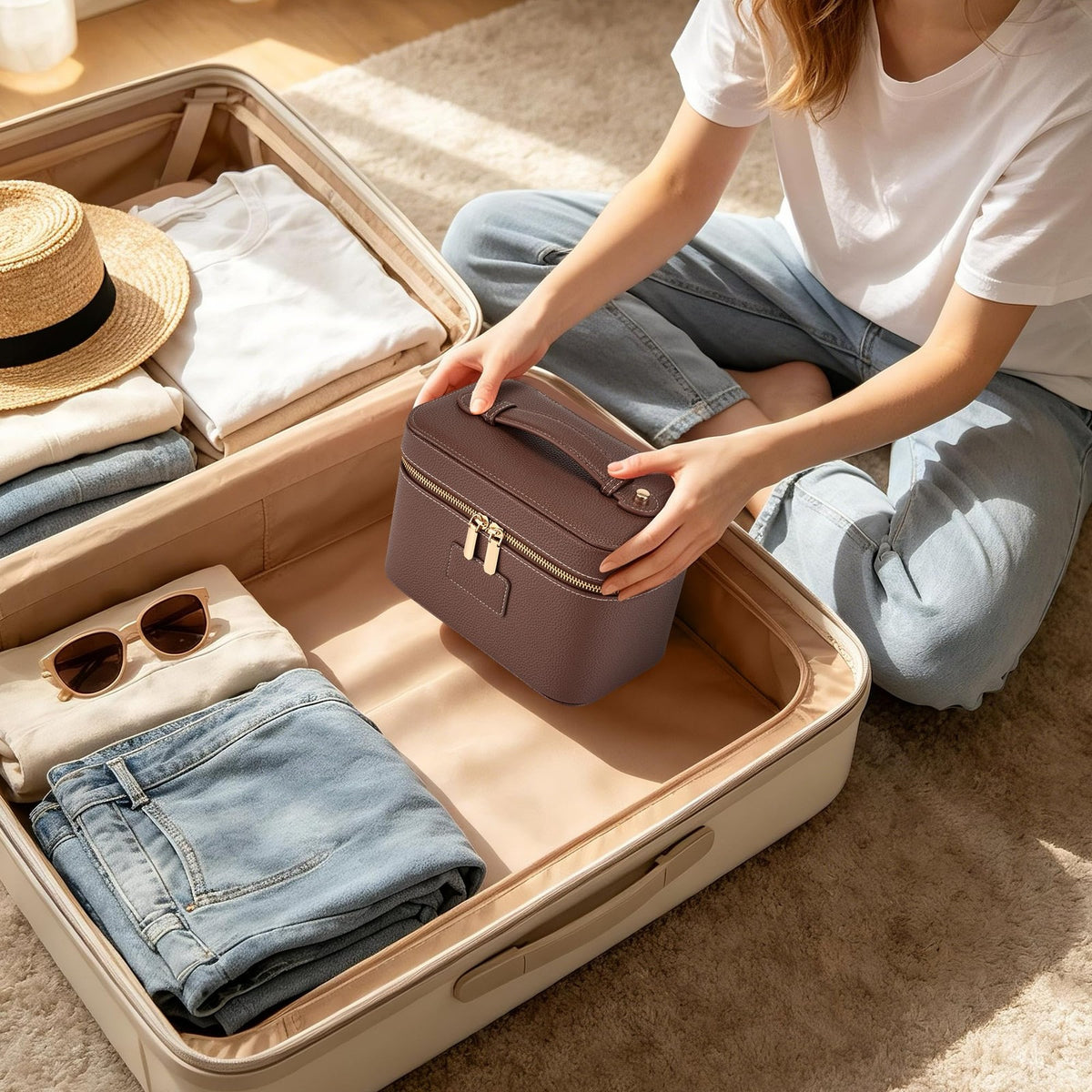 Waterproof Leather Makeup Bag with Removable Divider & Smart Organization