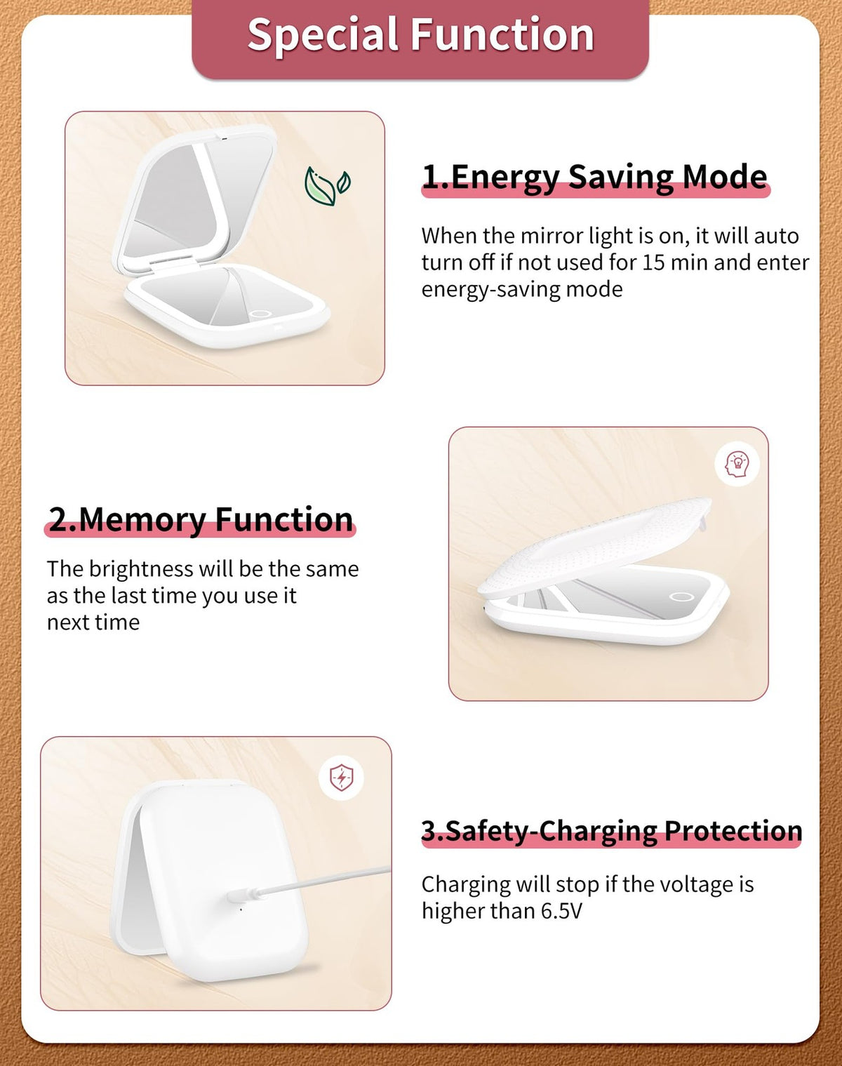 Rechargeable LED Compact Pocket Mirror with Light and 5X Magnification