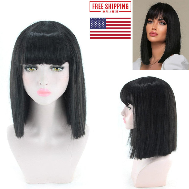 Black Short Bob Wig with Bangs - Straight Blunt Cut Shoulder Length Hair for Women