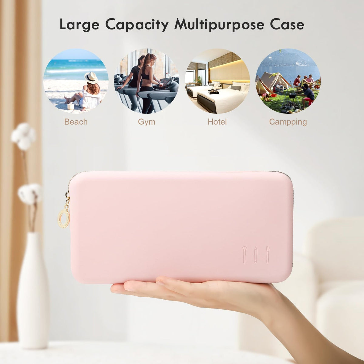 Large Silicone Makeup Brush Bag with Zipper - Travel Cosmetic Pouch, Pink