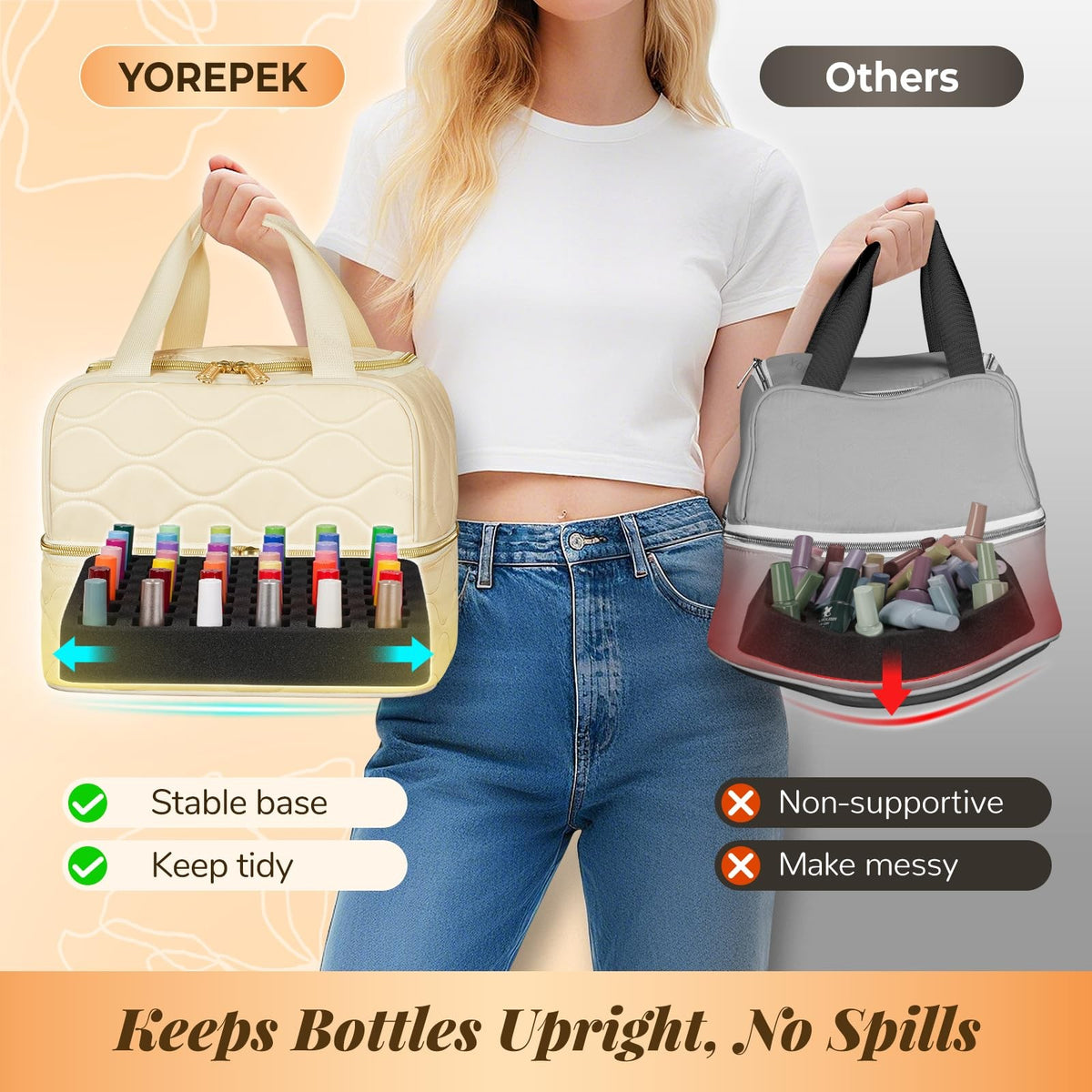 Beige 2-Layer Nail Polish Organizer Case Holds 42 Bottles Travel-Friendly Manicure Storage