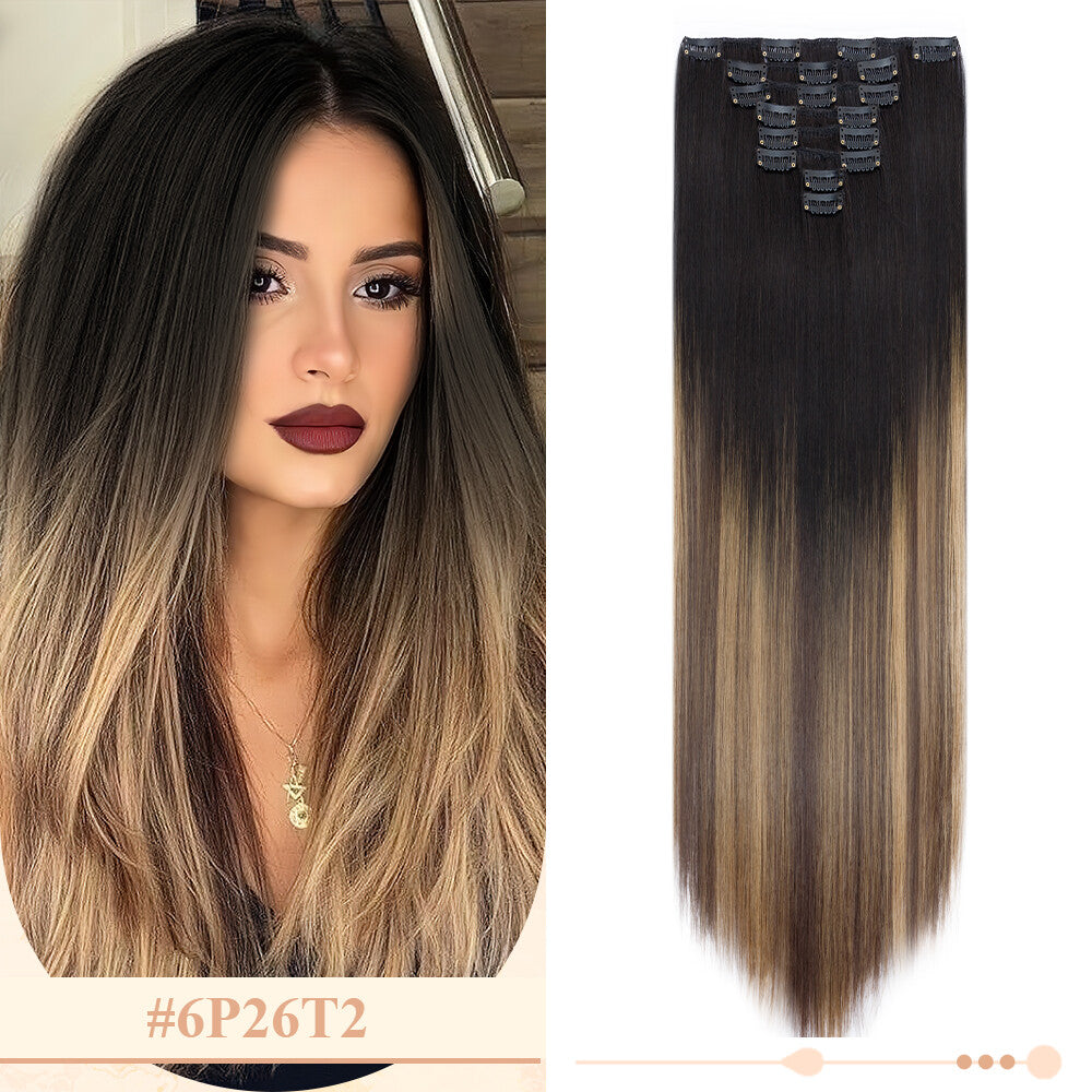 Clip-In Hair Extensions Full Head Ombre Highlight Synthetic Thick Hair 8-24 Inches