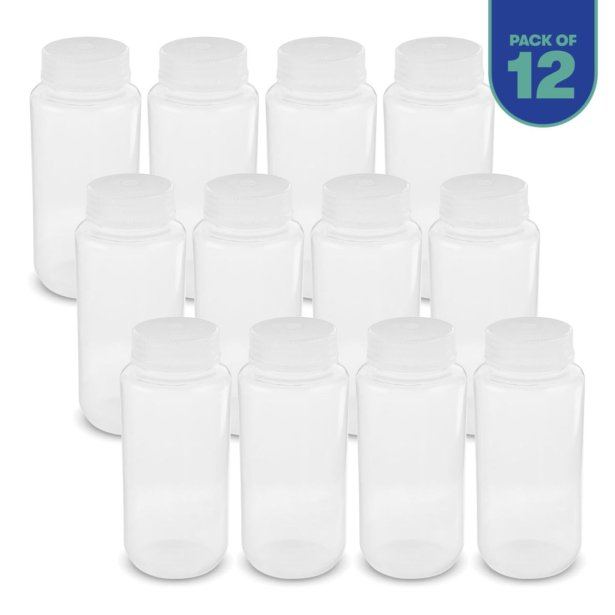 12 Pack 16 oz Plastic Sample Containers with Lids - Wide Mouth Reagent Bottles