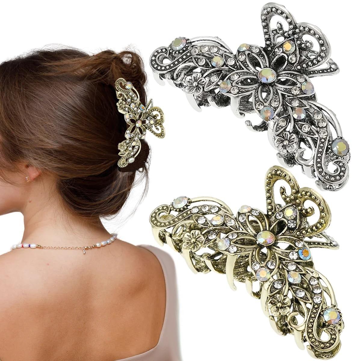 2 PCS Vintage Hair Claw Clips Rhinestone Count (Pack of 1), Silver,