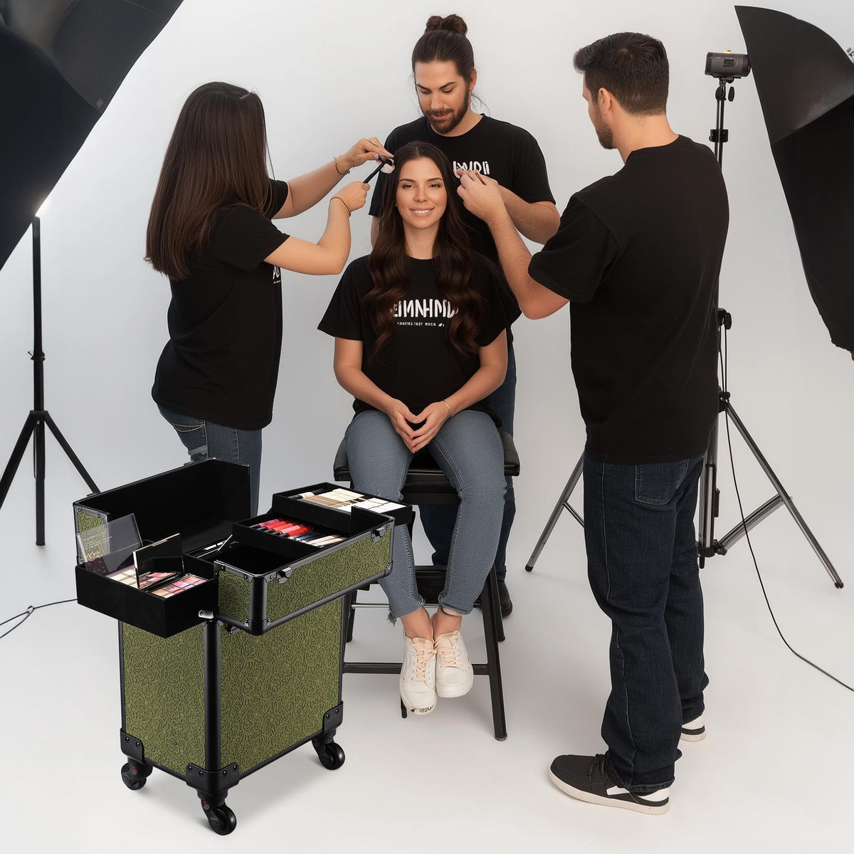 Rolling Makeup Train Case with Extendable Trays and Large Storage - Rococo Moss