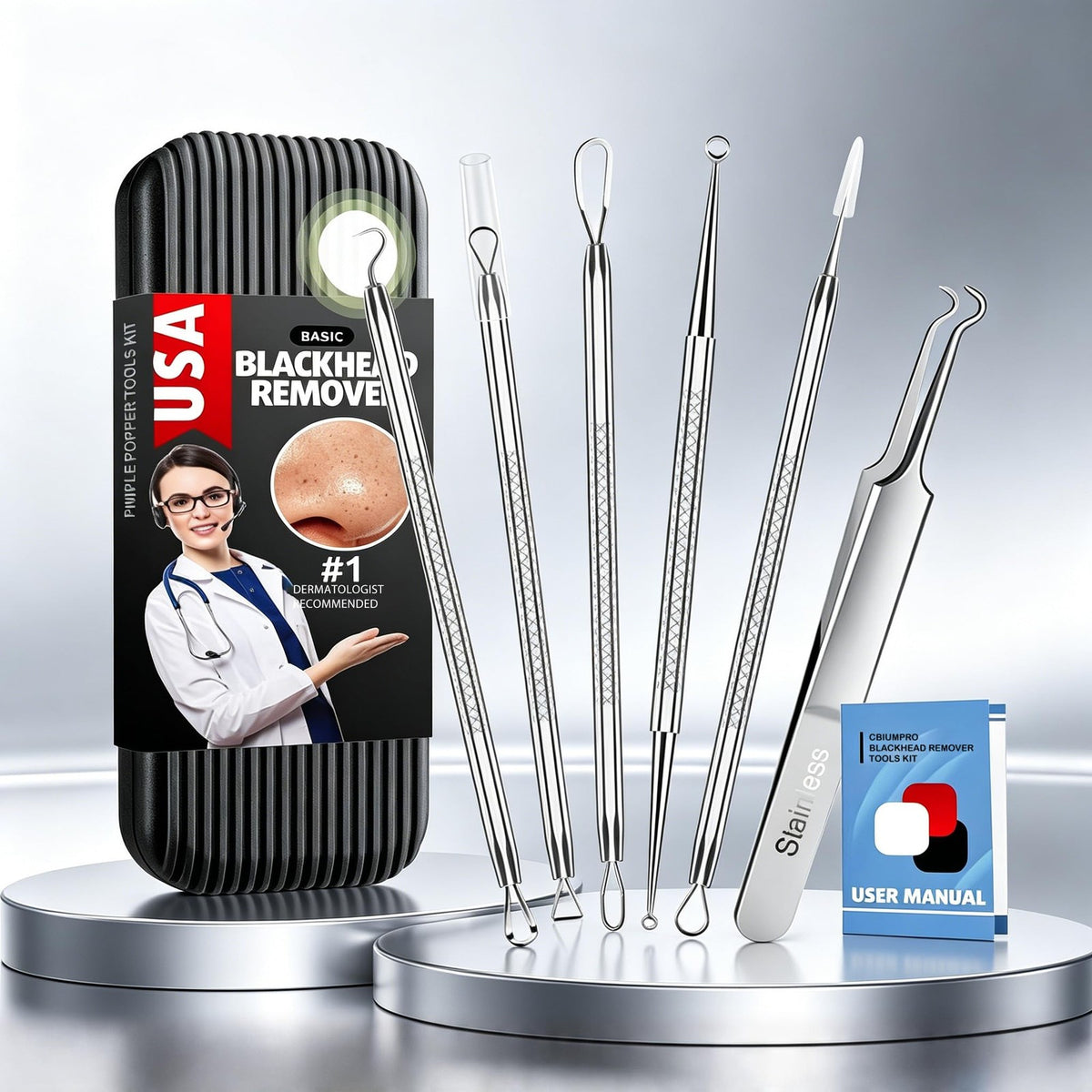 Blackhead Remover Tools 6-Pack - Gentle Stainless Steel Acne Extractors