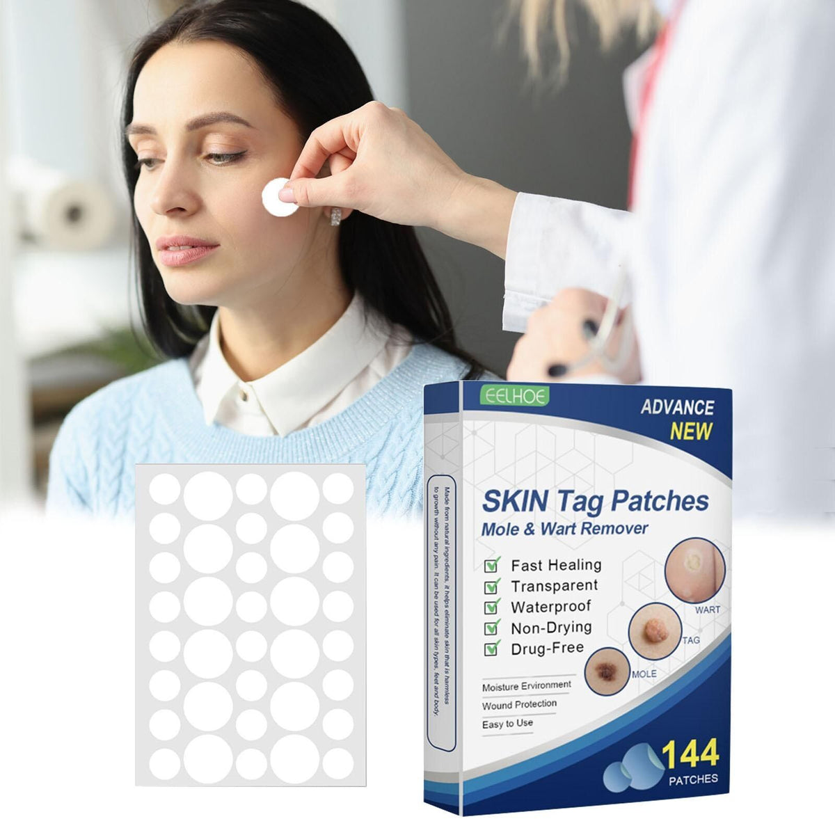 144PCS Skin Tag & Acne Remover Patches Hydrocolloid Wart & Pimple Treatment