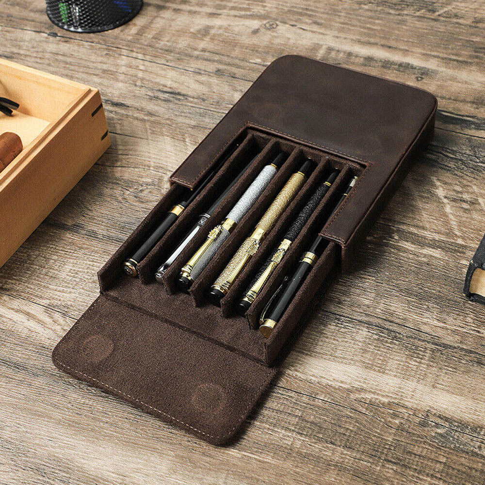 Handmade Cowhide Leather Pen Pouch Zipper Pencil Case Stationery Storage