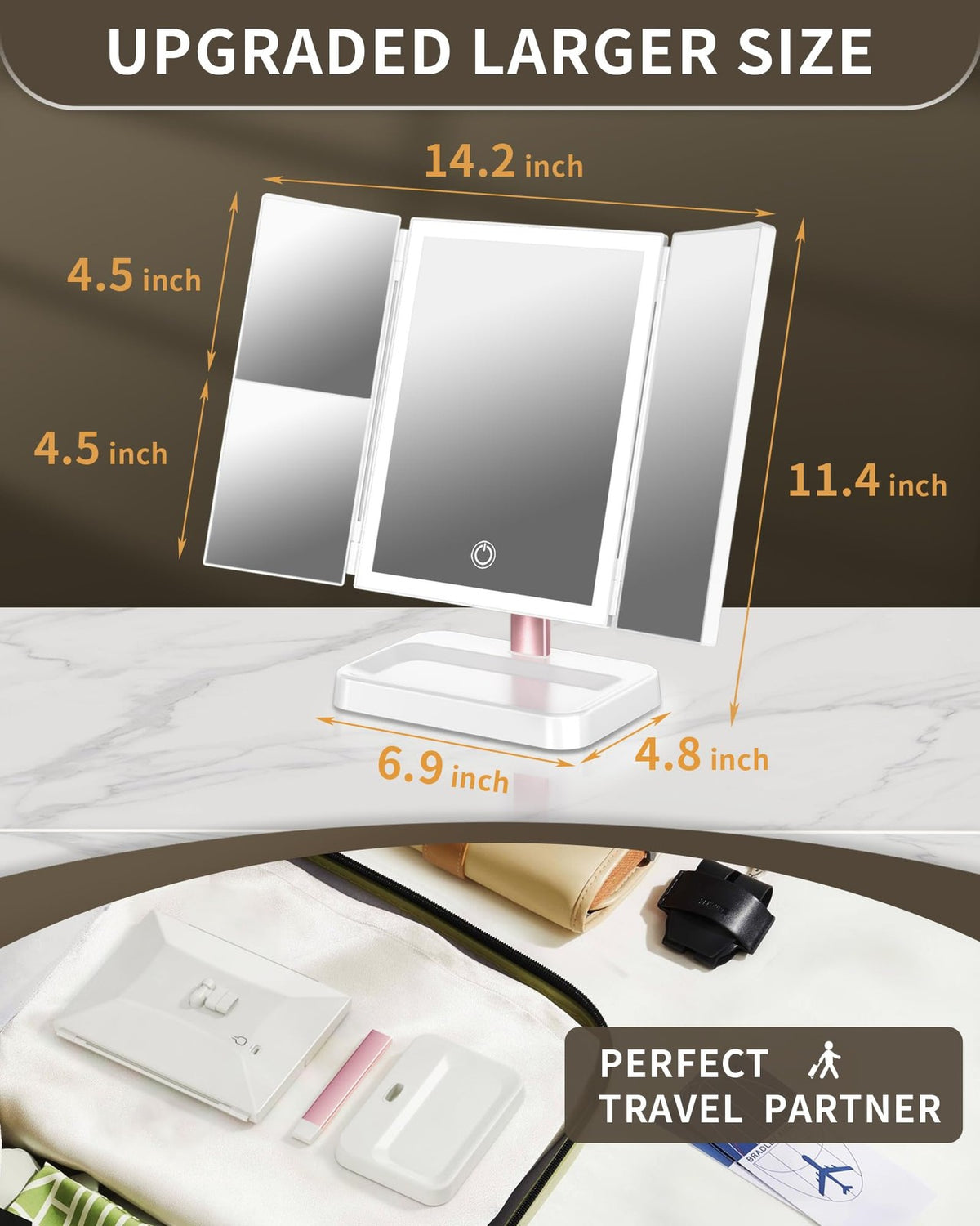 Lighted Makeup Mirror with Lights and 3X Magnification - Rechargeable Vanity Mirror with Touch Control and 90° Swivel