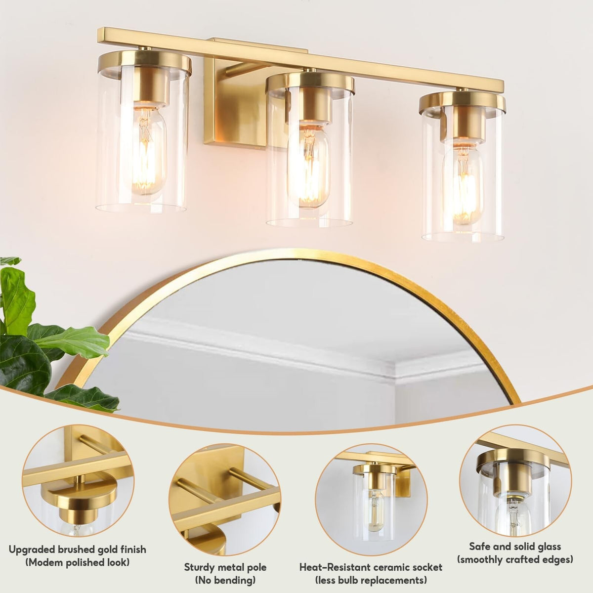 20in Bathroom Vanity Light Fixture with 3 Clear Glass Shades - Gold Wall Sconce