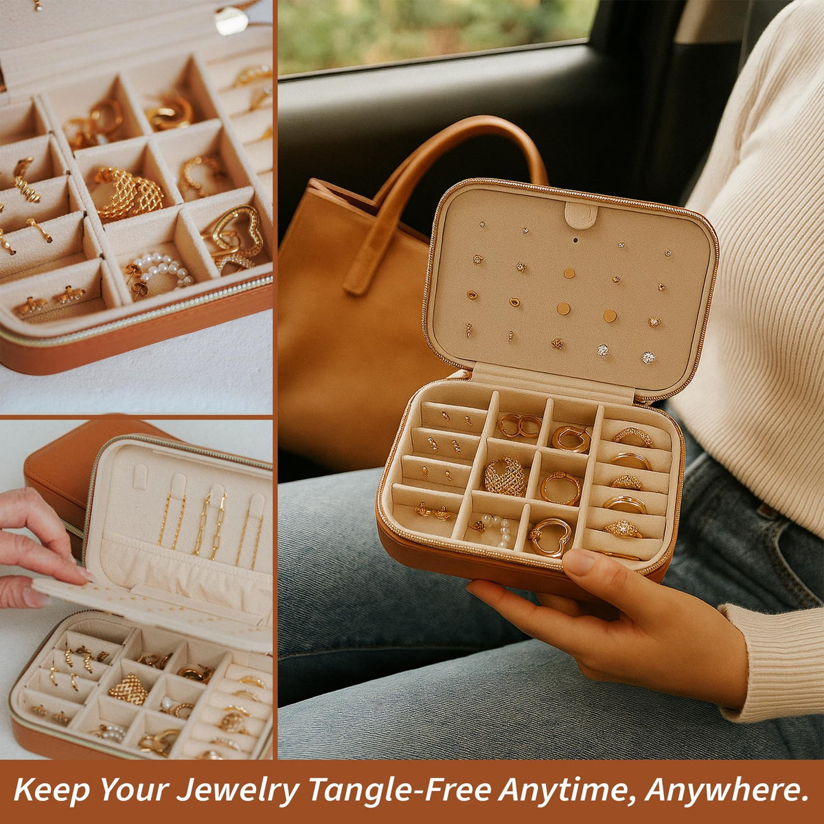 Travel Jewelry Organizer Case for Women - Small Tan PU Leather Jewelry Box