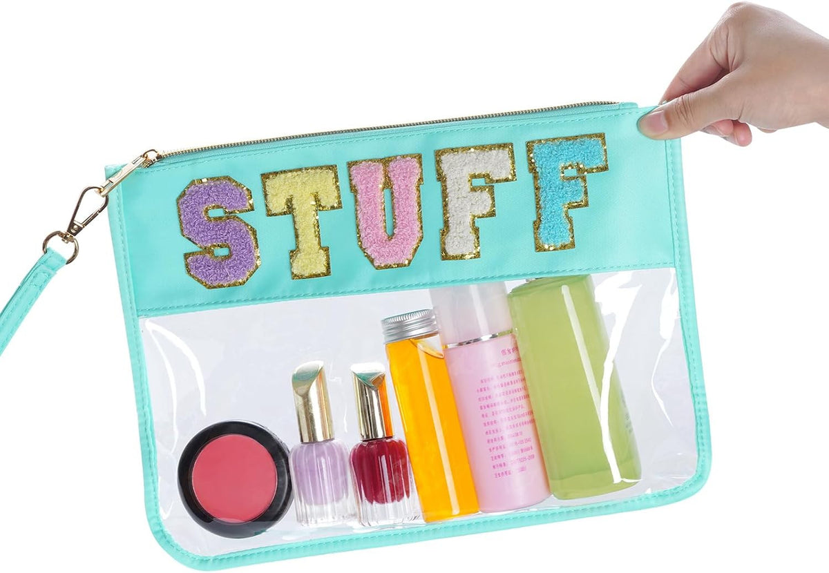 Clear Makeup Bag with Chenille Letter Design, Zipper Closure, Travel Organizer