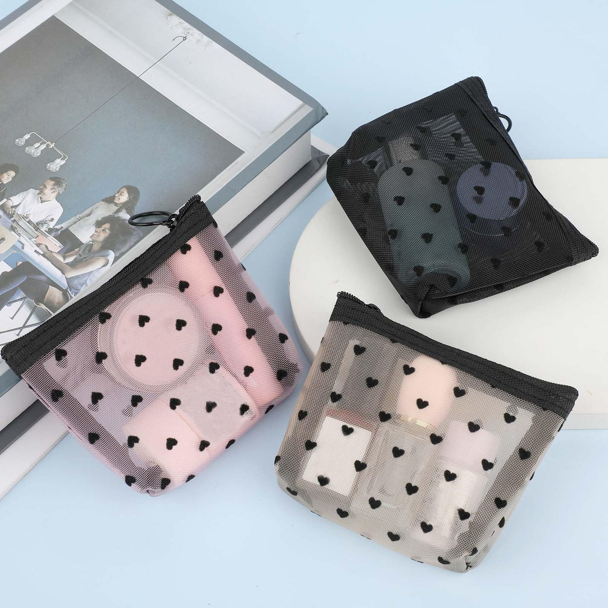 Mini Heart Cosmetic Bags Set - Mesh Travel Organizer Pouch in White Pink Black 3 Pack
