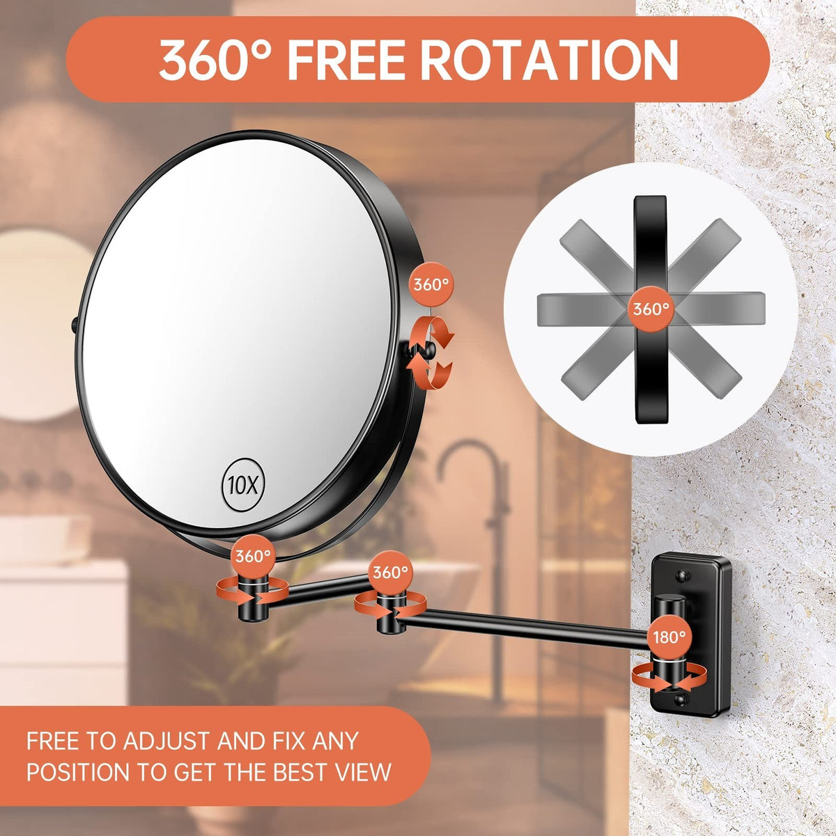 Large Wall Mounted Makeup Mirror 9 Inch 1X/10X Magnification with Extendable Arm