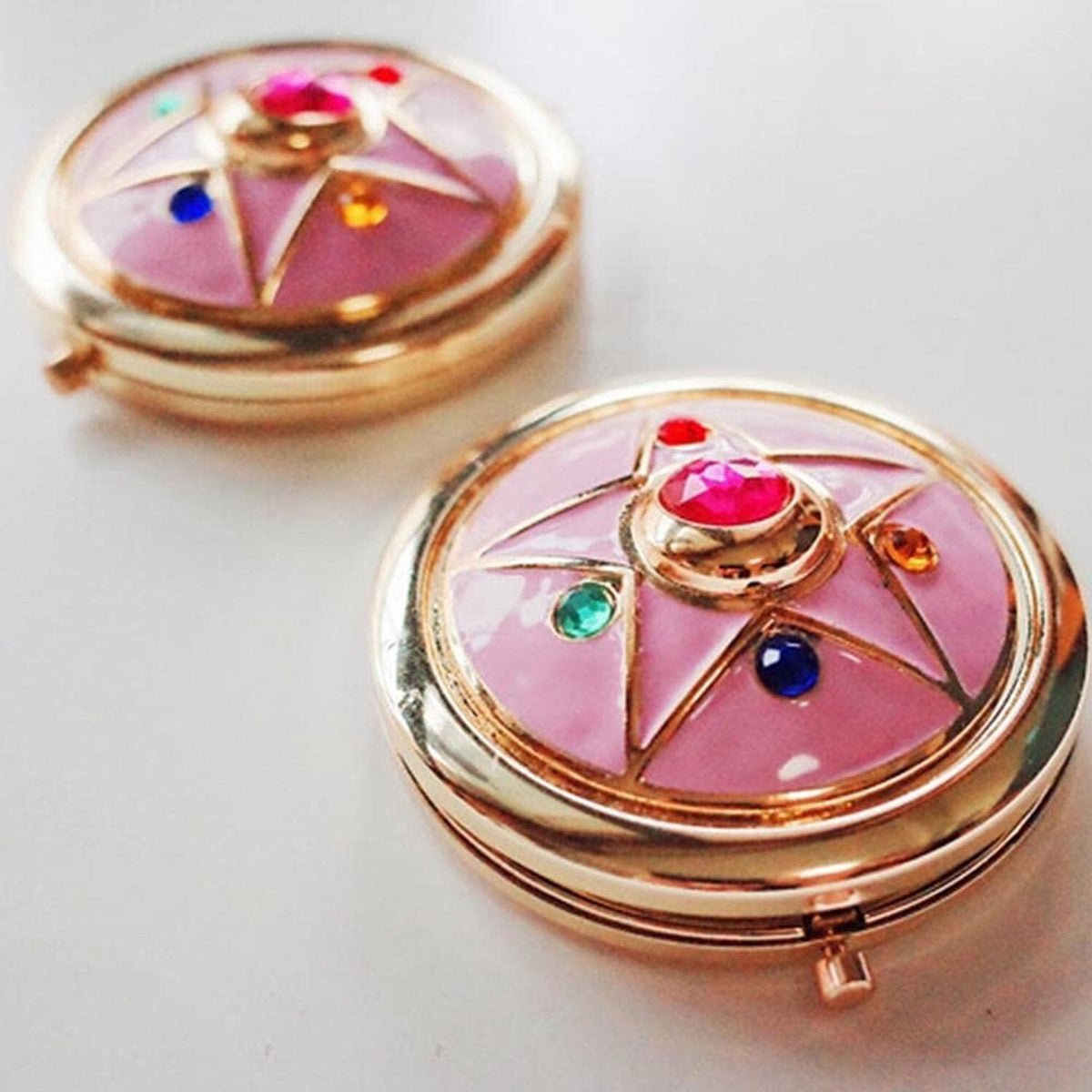 Anime Star Makeup Mirror - Portable Pink Compact Handheld Crystal Design