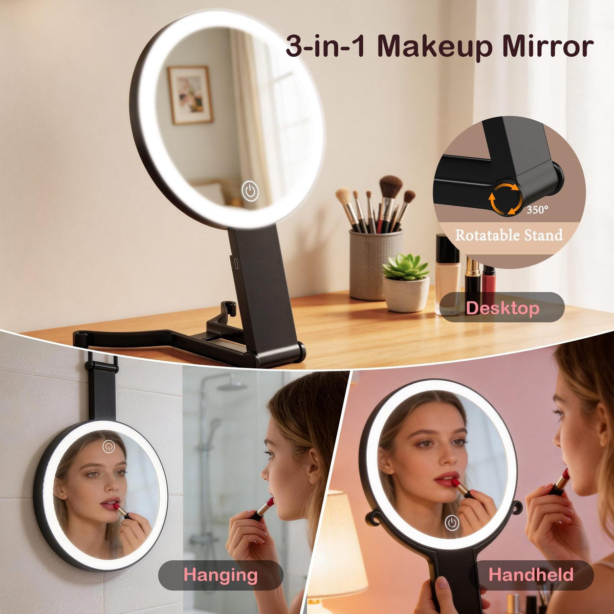 Double Sided Makeup Mirror with 40X Magnification and 3 Color LED Lights - Portable Handheld Mirror
