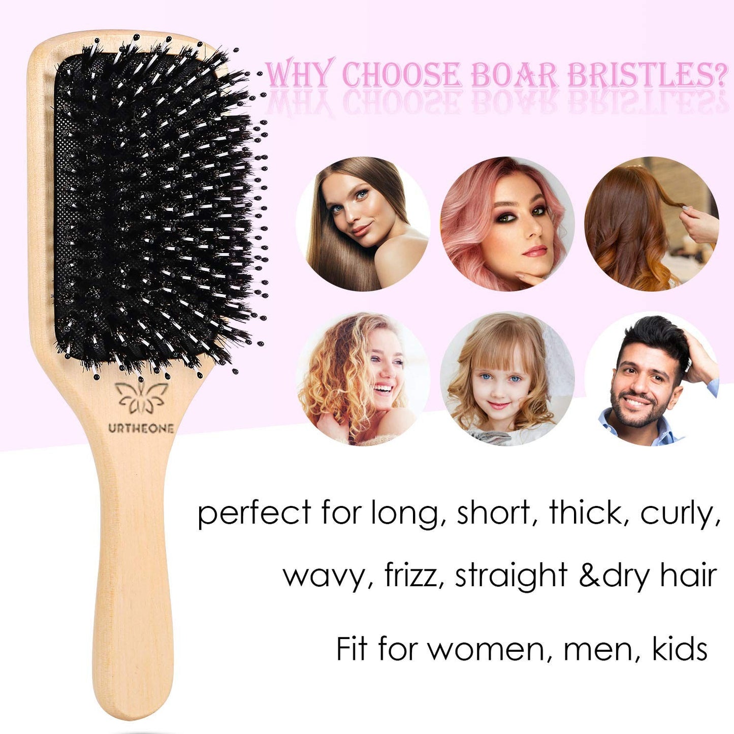 Boar Bristle Hair Brush for Thick Hair - Natural Wood Handle