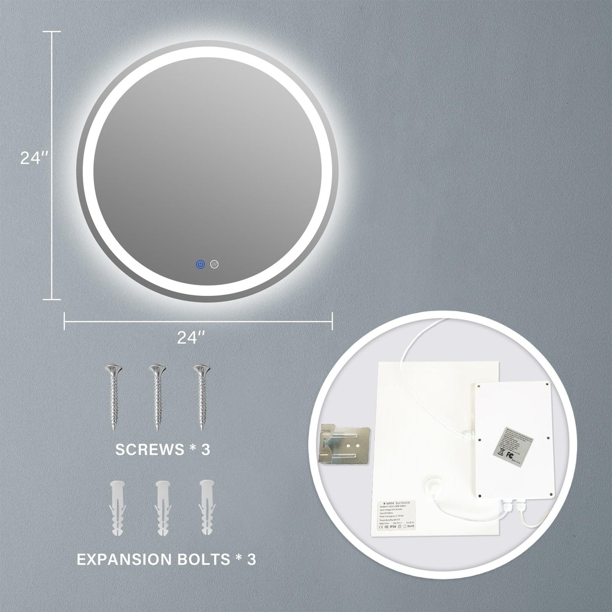 24-Inch LED Bathroom Mirror with Anti-Fog, Dimmable, 3 Color Temp, Memory