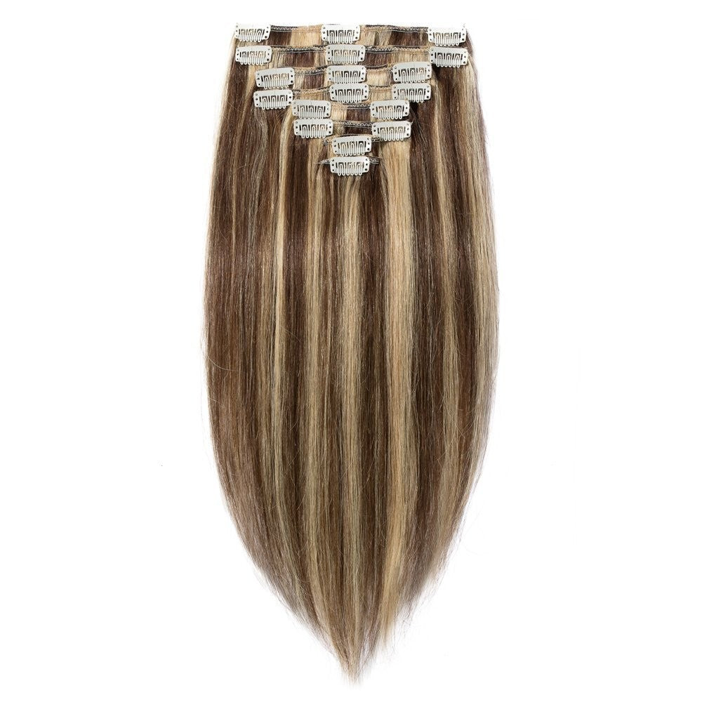 Remy Human Hair Extensions Clip-In Set – Medium Brown Mix Dark Blonde 26 Inch, 8 Pieces, Shedding-Free, Natural Look