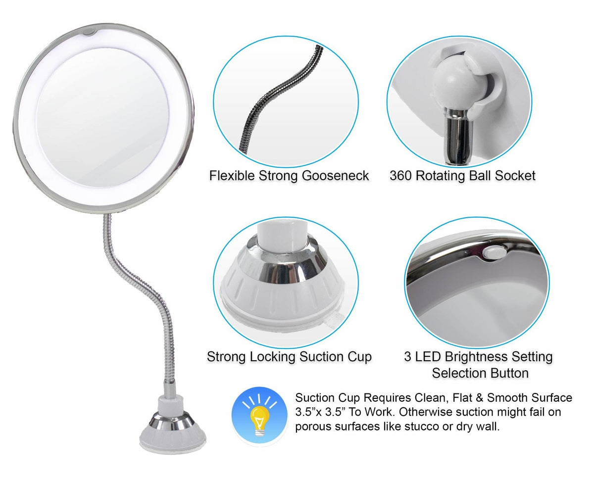 LED Vanity Mirror 10X Magnification with Adjustable Gooseneck & Bright LEDs