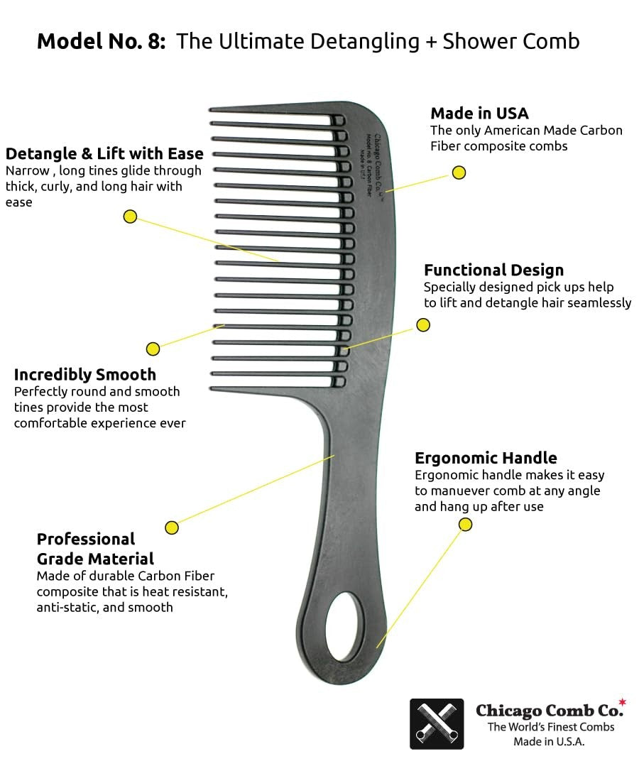 Carbon Fiber Detangling Comb 8.5 Inch for Thick Curly Hair & Beards - Made in USA