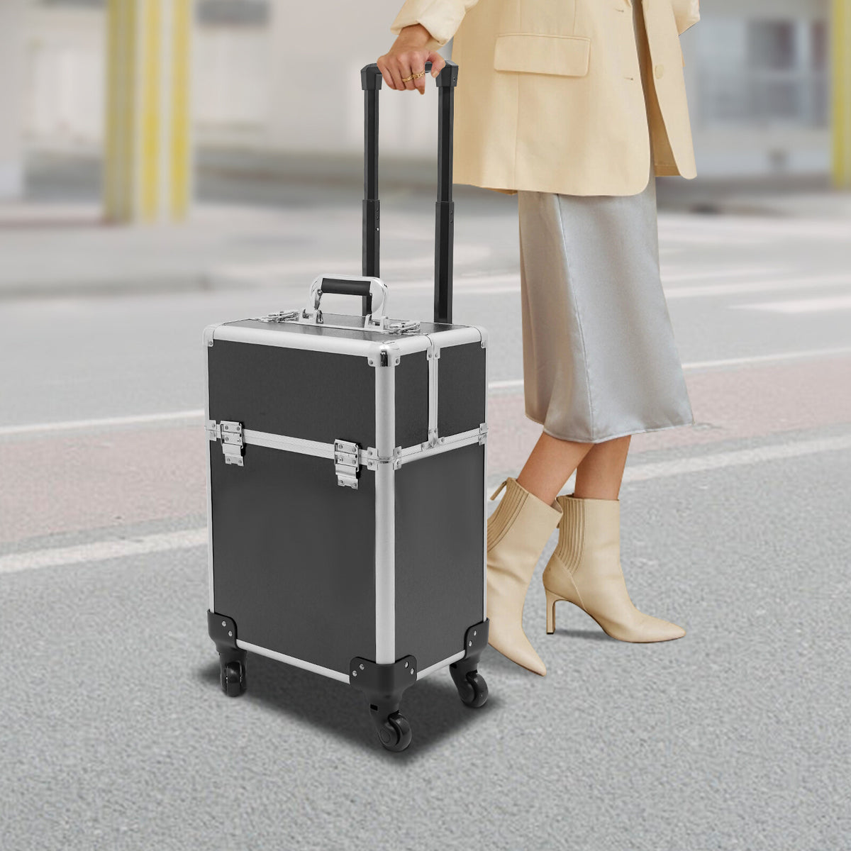 Rolling Makeup Train Case Cosmetic Trolley with Wheels Black
