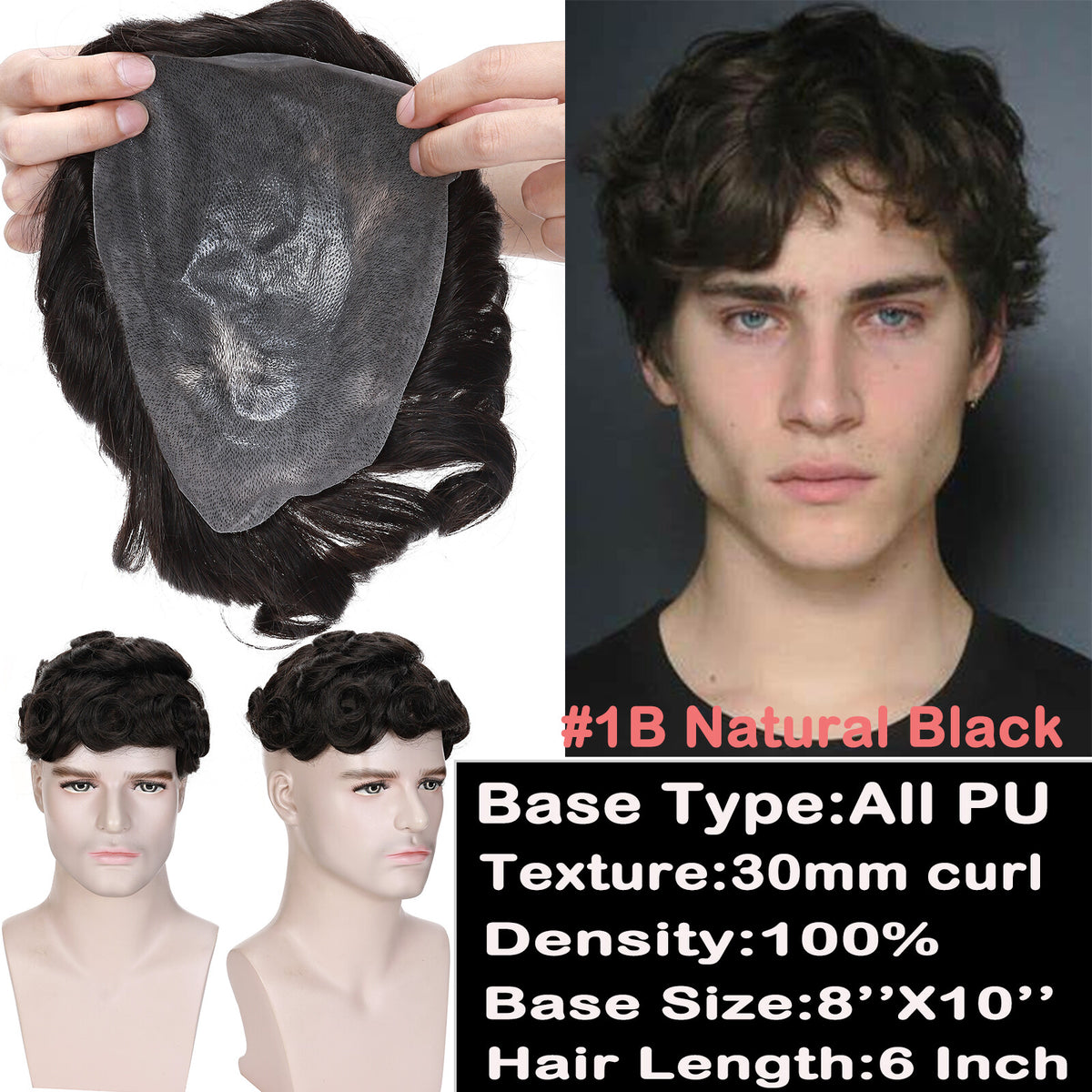 Men's Hair Replacement System Toupee with Skin-Like PU Base - Human Hair
