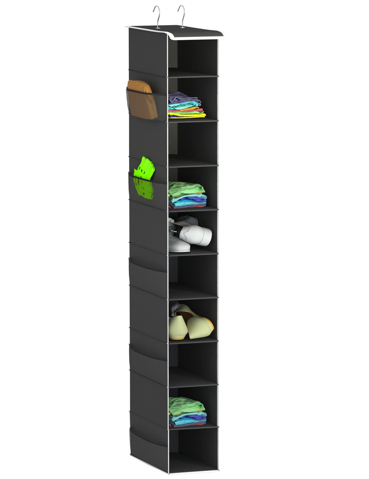 10-Shelf Hanging Shoe Organizer with Side Pockets and Hooks - Black