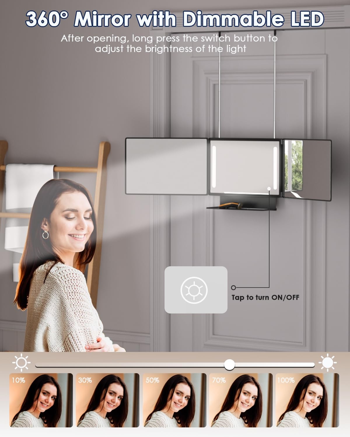 Rechargeable 3-Way Mirror with Storage Shelf & LED Lights for Grooming