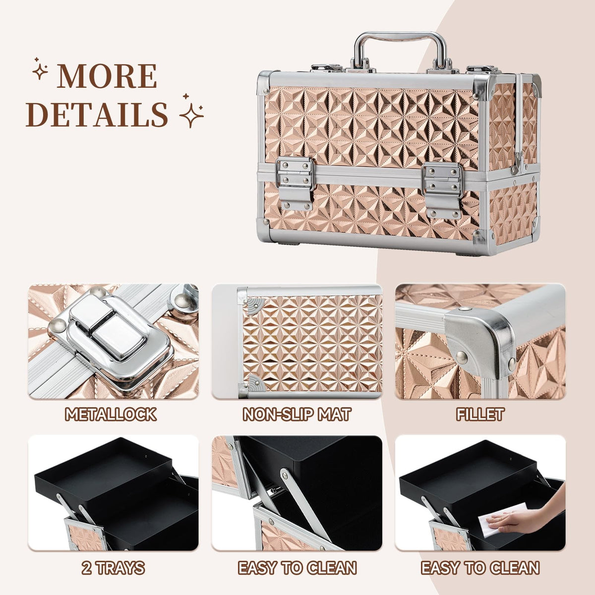 Lighted Makeup Train Case with Mirror Rose Gold Portable Organizer