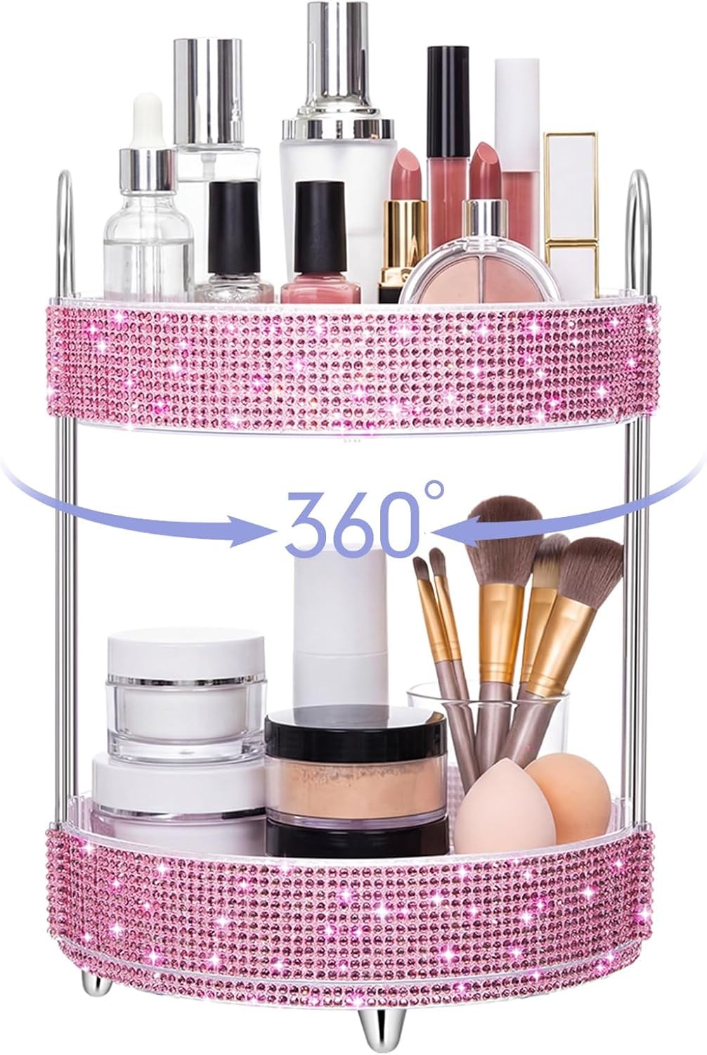 360 Rotating Rhinestone Perfume Organizer 2 Tiers Pink Diamond Display