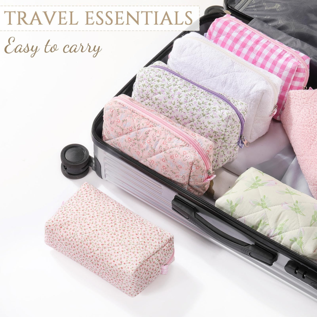 10 Pcs Quilted Makeup Bag Set with Floral Cotton Design Travel Organizer