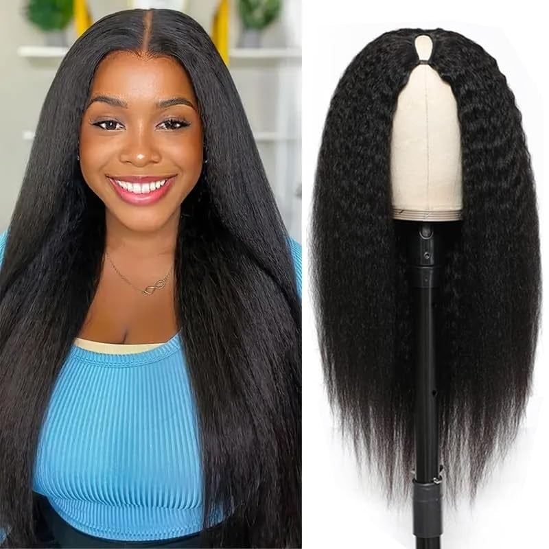 Human Hair Wigs 24 Inch V Part Kinky Straight Wig for Black Women - Natural Black, No Shedding