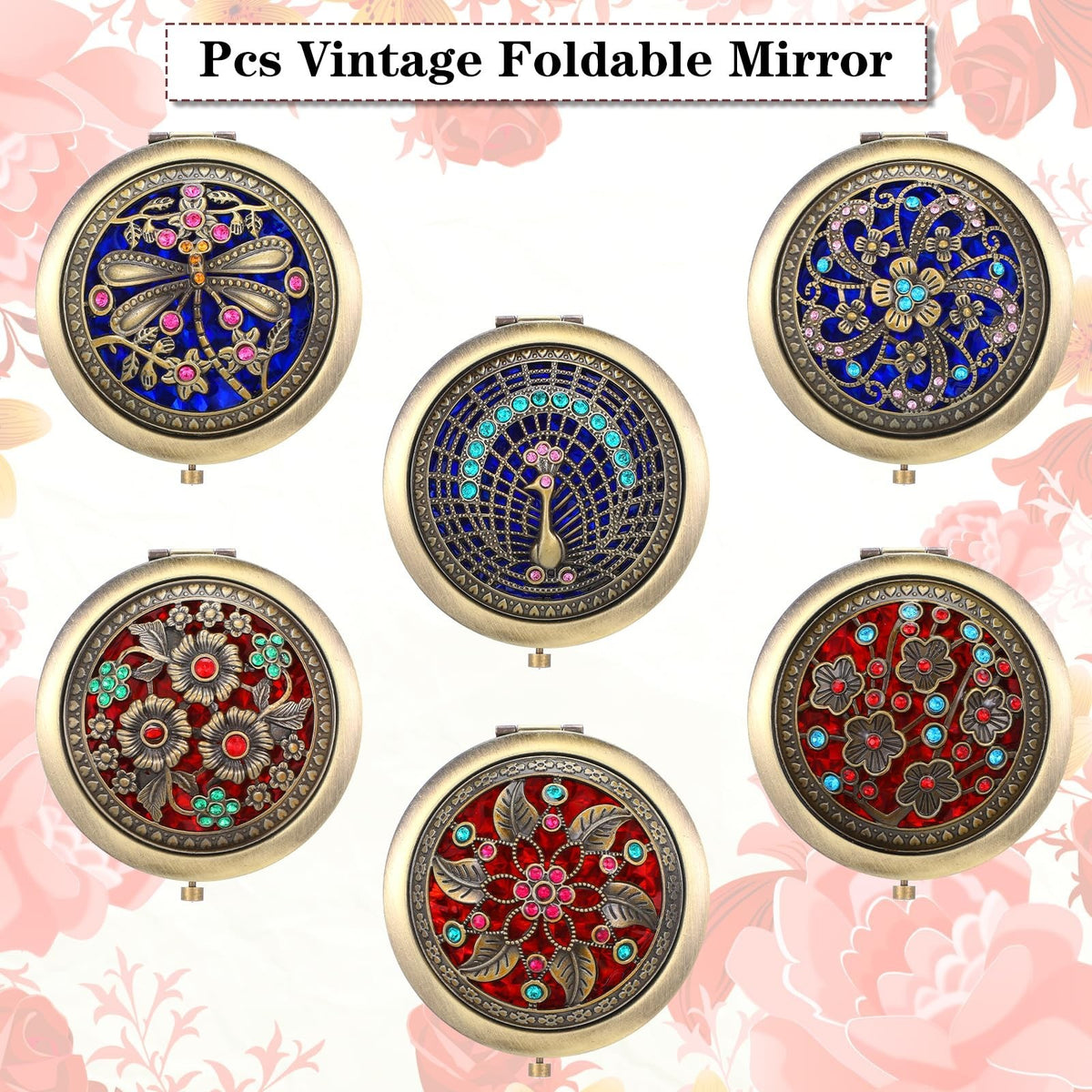 6 Pack Vintage Foldable Metal Travel Makeup Mirrors - Double Sided Compact