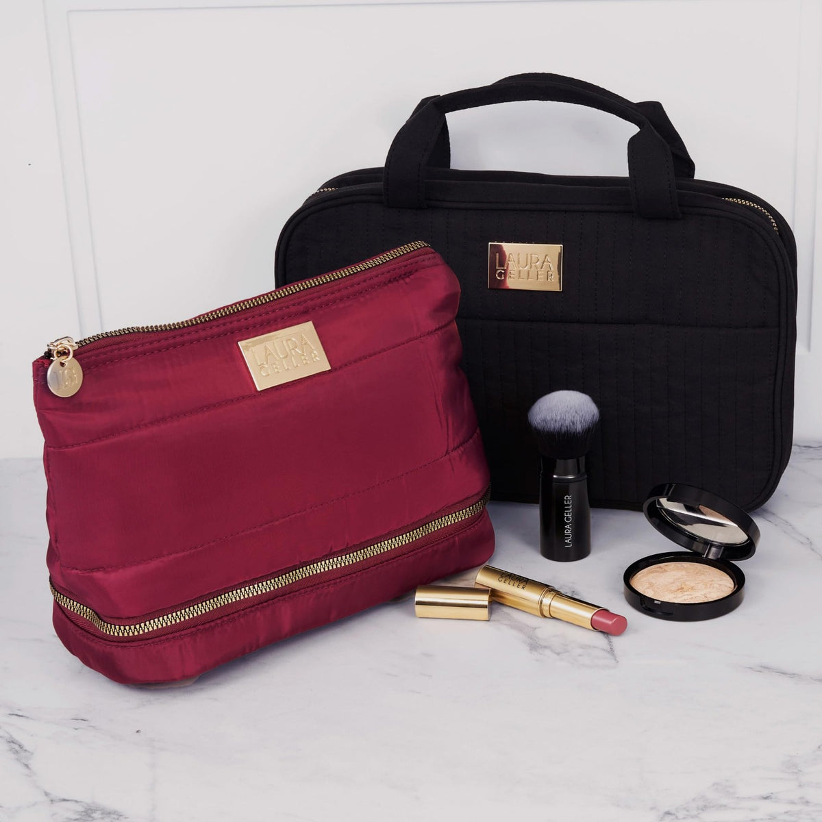 Quilted Makeup Bag with Brush Case - Burgundy Toiletry Organizer