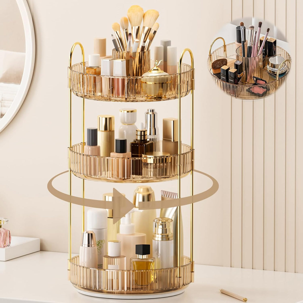 Rotating Makeup Organizer 3-Tier Cosmetic Storage with Brush Holder