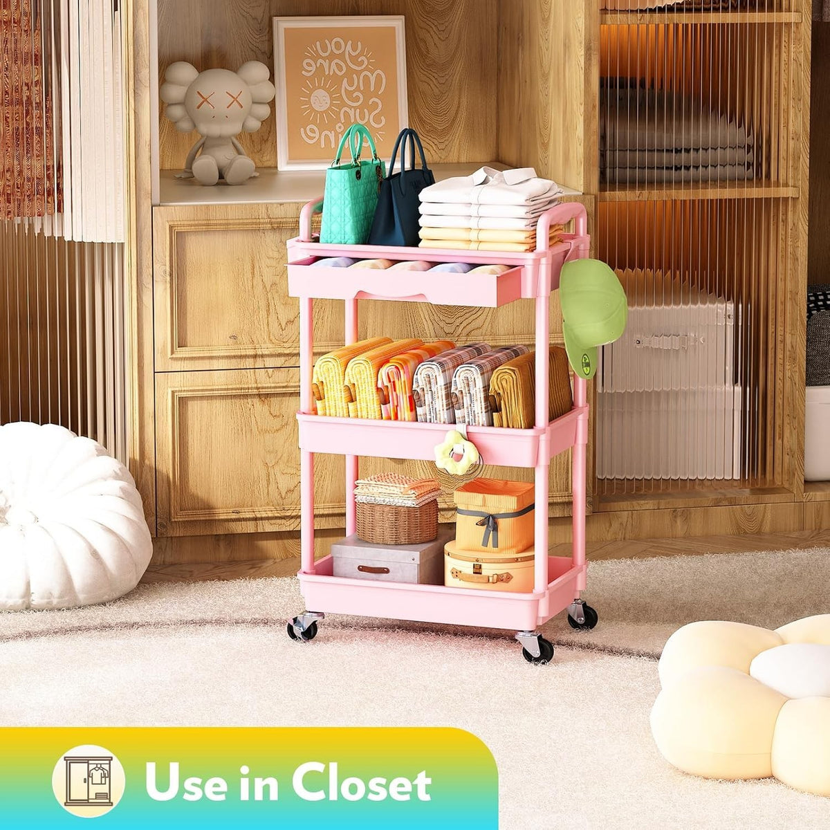 Pink Makeup Cart Organizer with Drawers and Rolling Storage