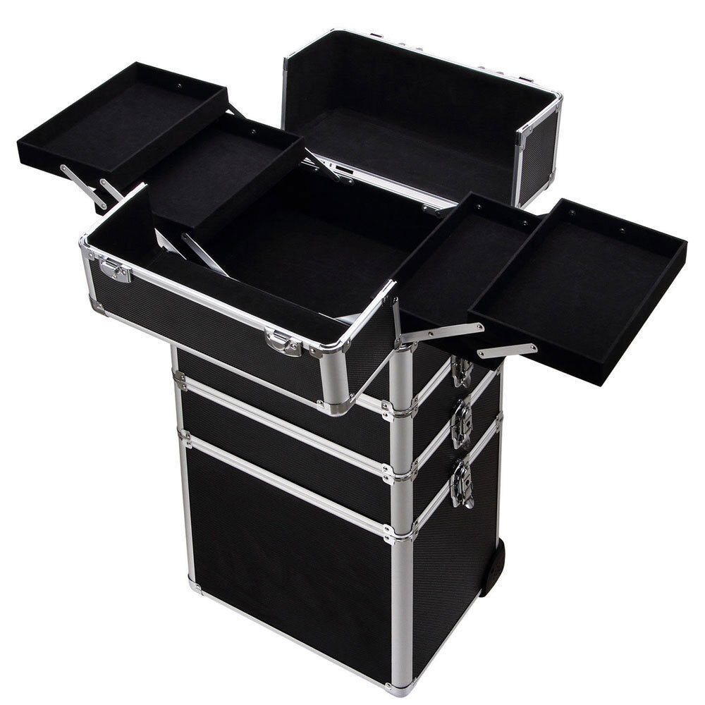 Aluminum Makeup Train Case with Wheels, Portable Cosmetic Organizer