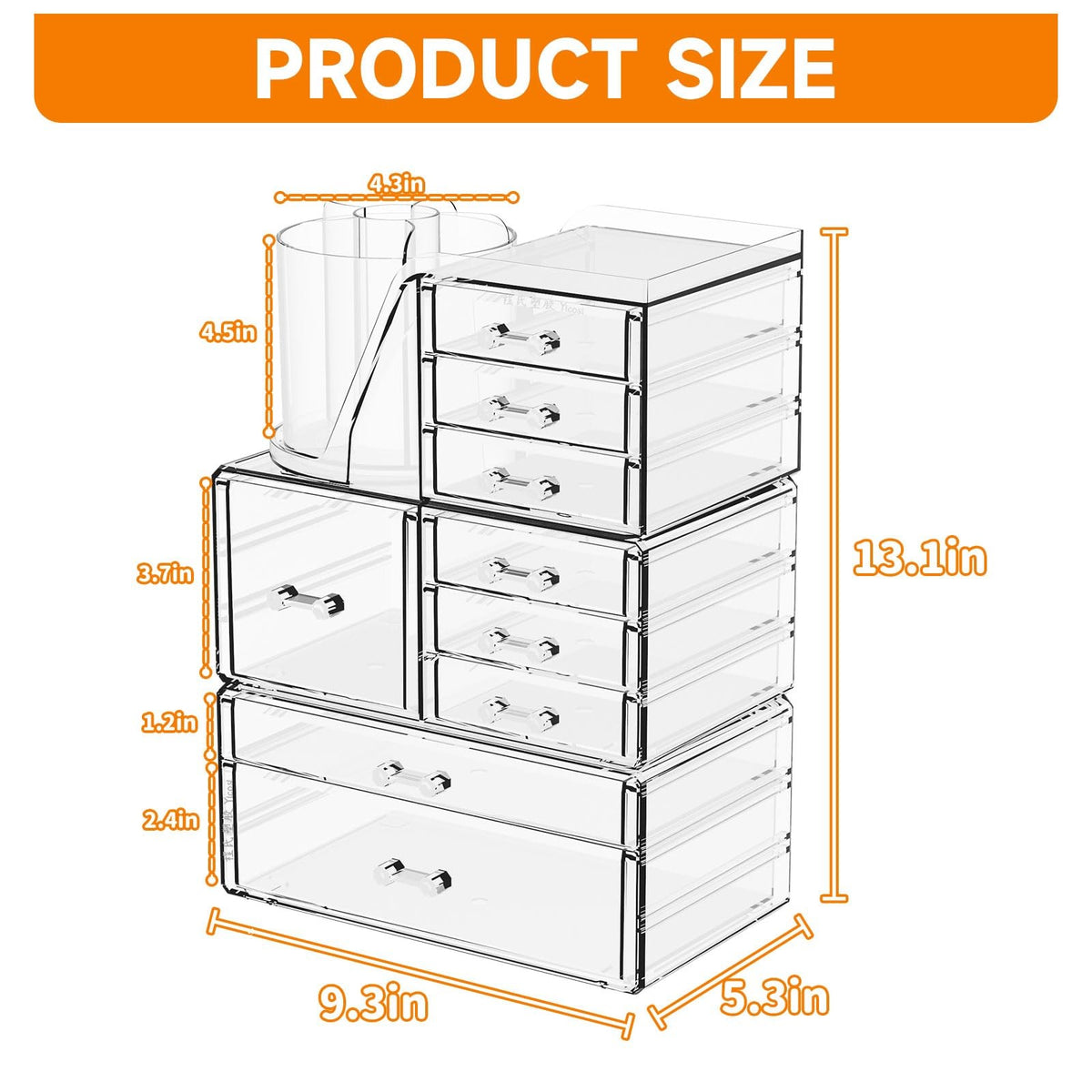 3-Pack Clear Acrylic Makeup Organizer with 9 Drawers for Vanity and Skincare
