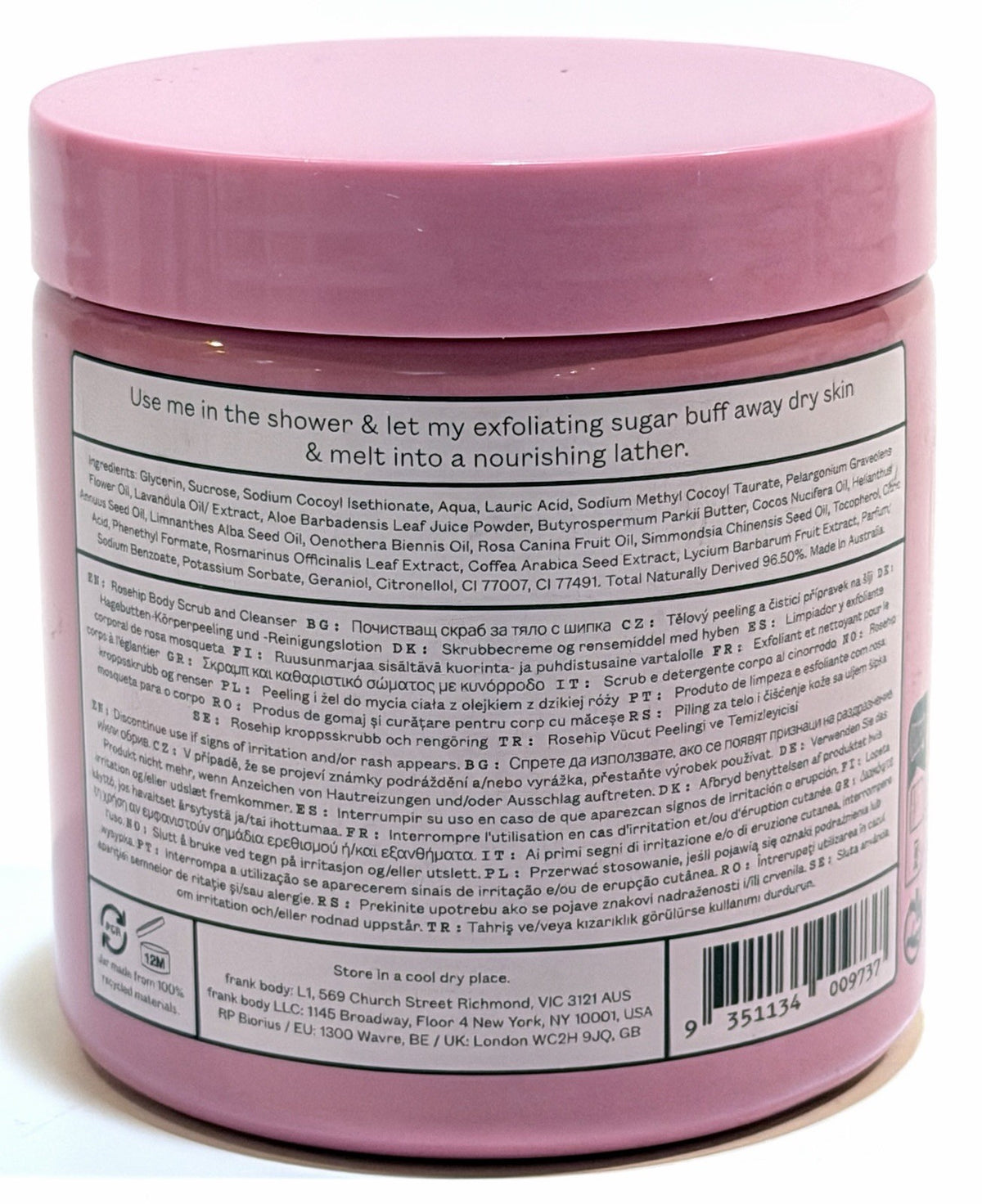 Frank Body Rosehip Scrub + Cleanser 8.82 oz 2-in-1 Vegan Australia