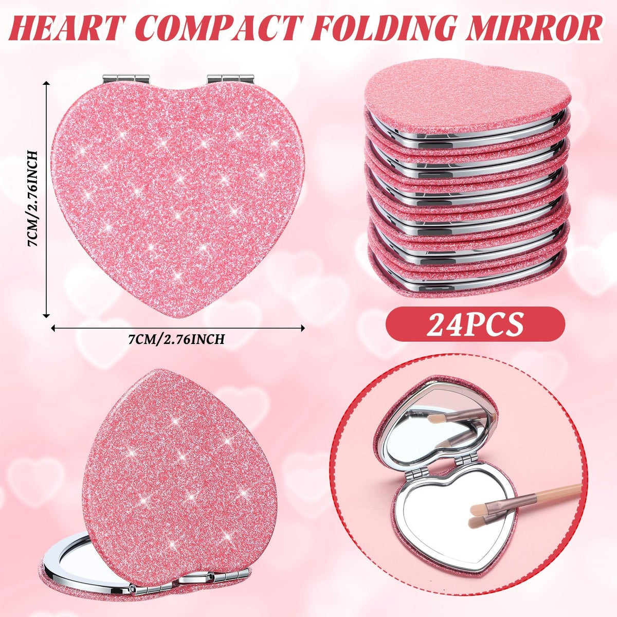Pink Heart Compact Mirror Set - 24 Magnifying Travel Makeup Mirrors for Women & Mom Gift