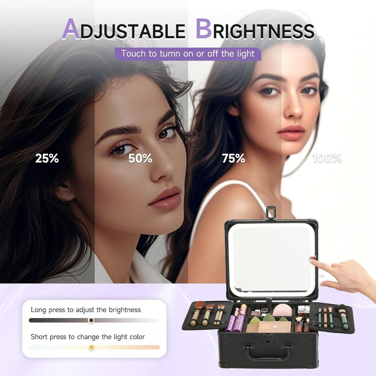 Travel Makeup Organizer Case with LED Lighted Mirror and Adjustable Storage