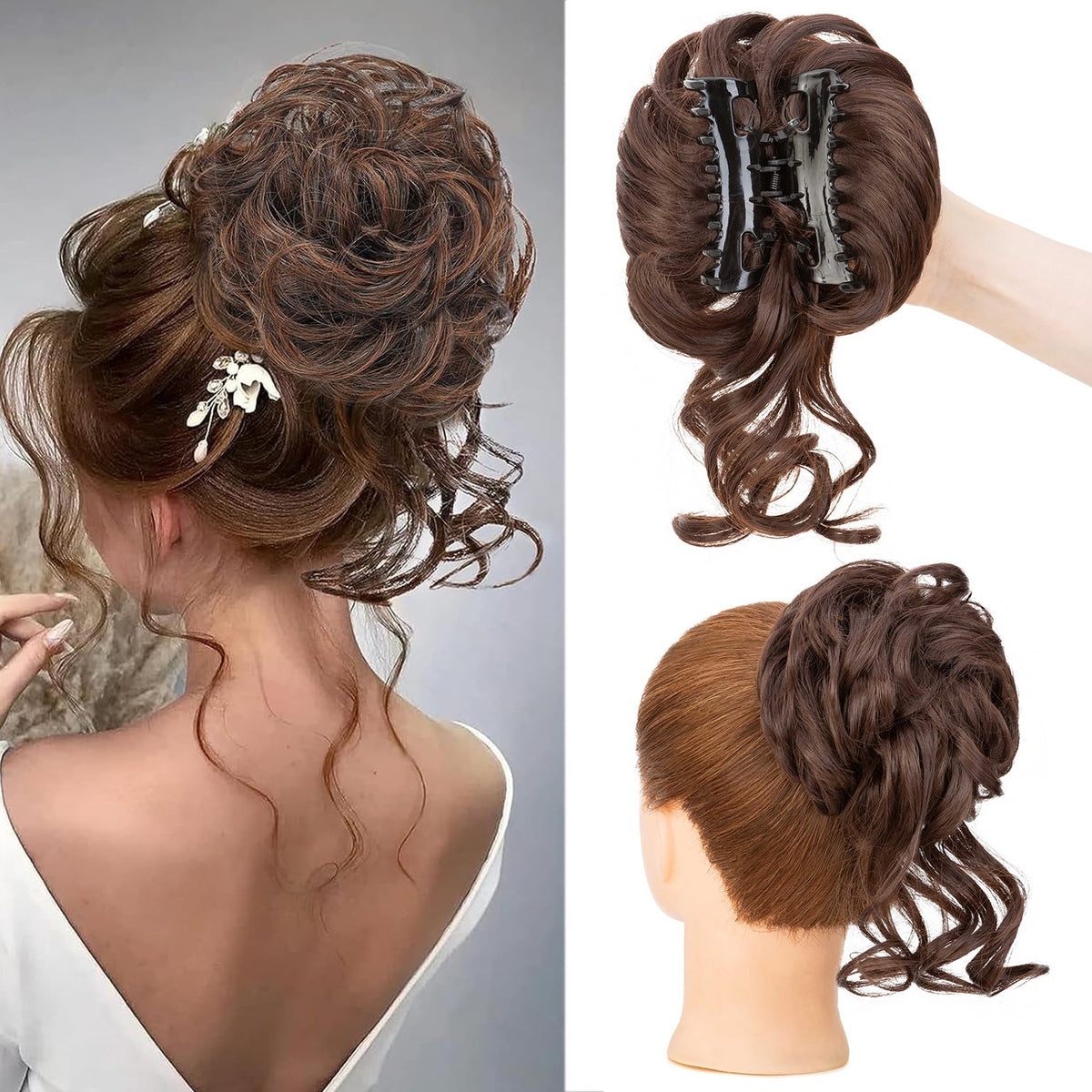 Thick Messy Curly Hair Bun Claw Clip Extensions - Multiple Colors & Lengths