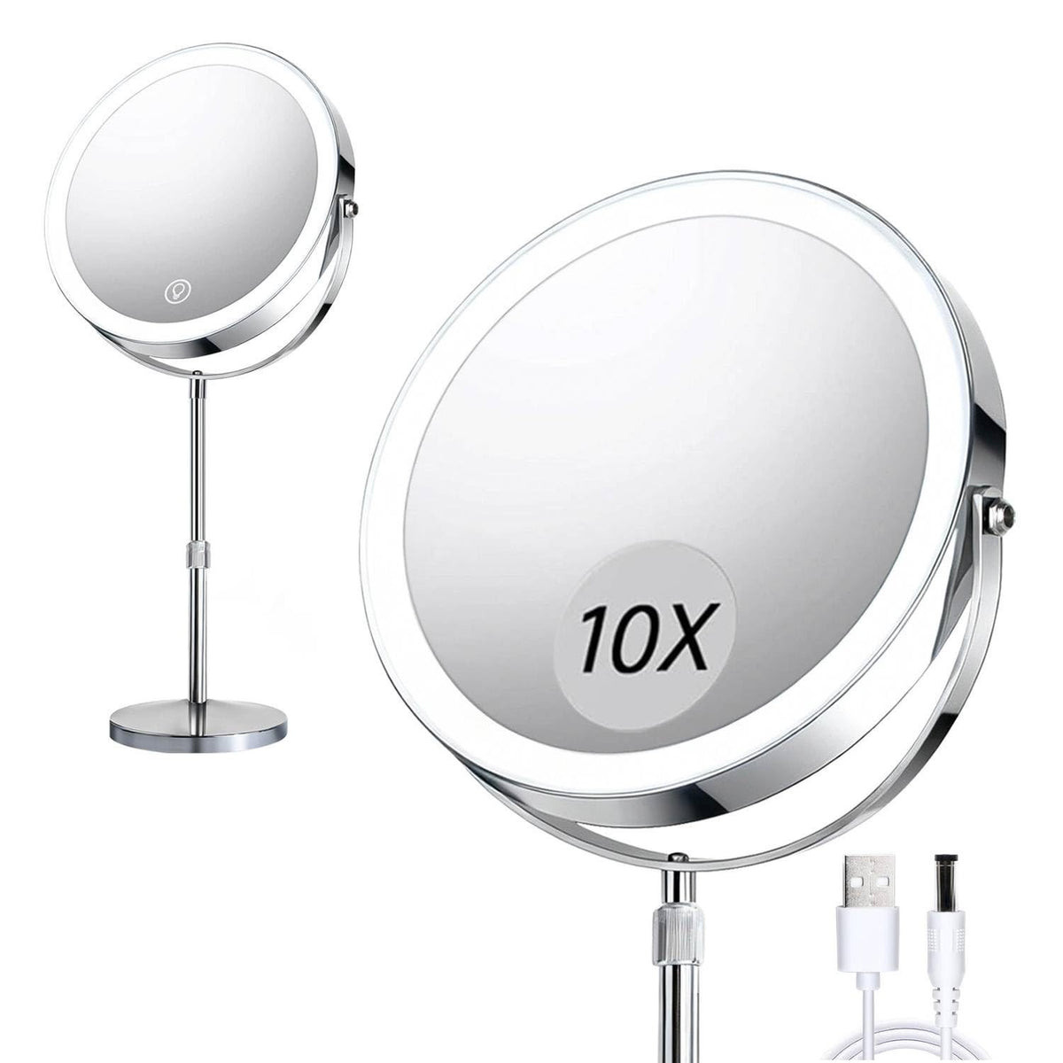 Makeup Mirror with Lights and 10X Magnification - Dimmable LED, Adjustable Height, 360° Rotation