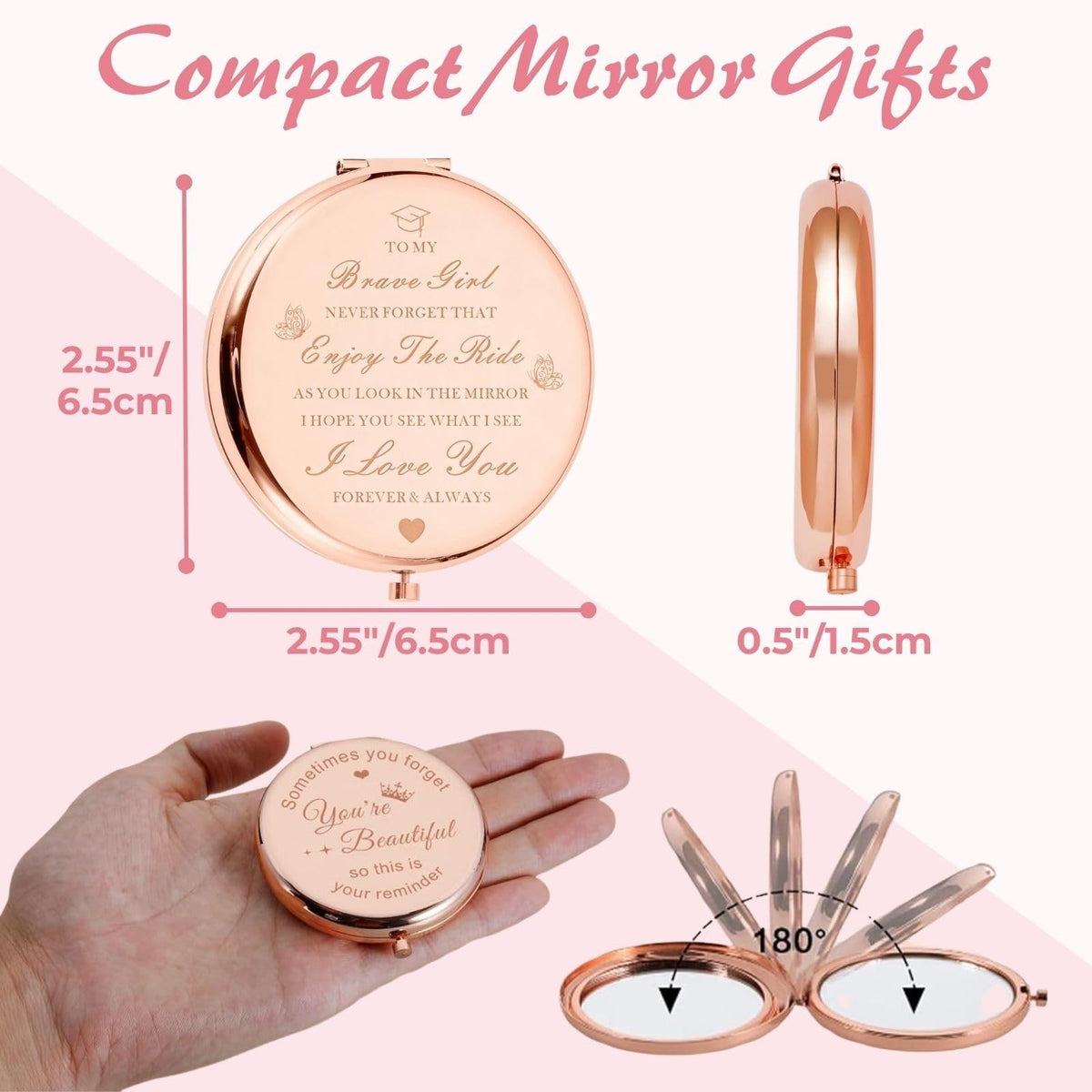 Graduation Compact Mirror with Rose Gold Case and Gift Box - Personal Care Accessory