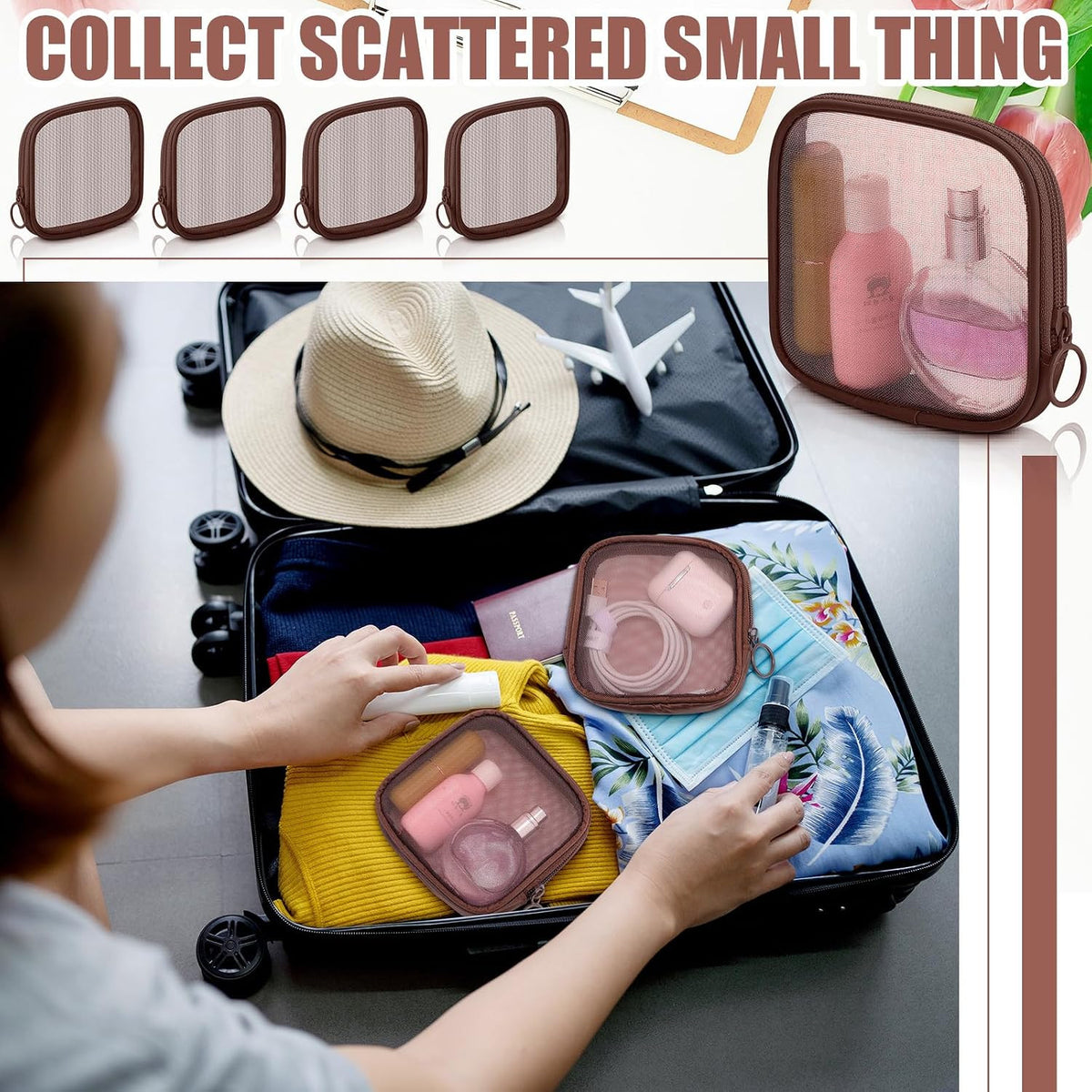 Small Mesh Makeup Bag - Brown, Portable Cosmetic Organizer