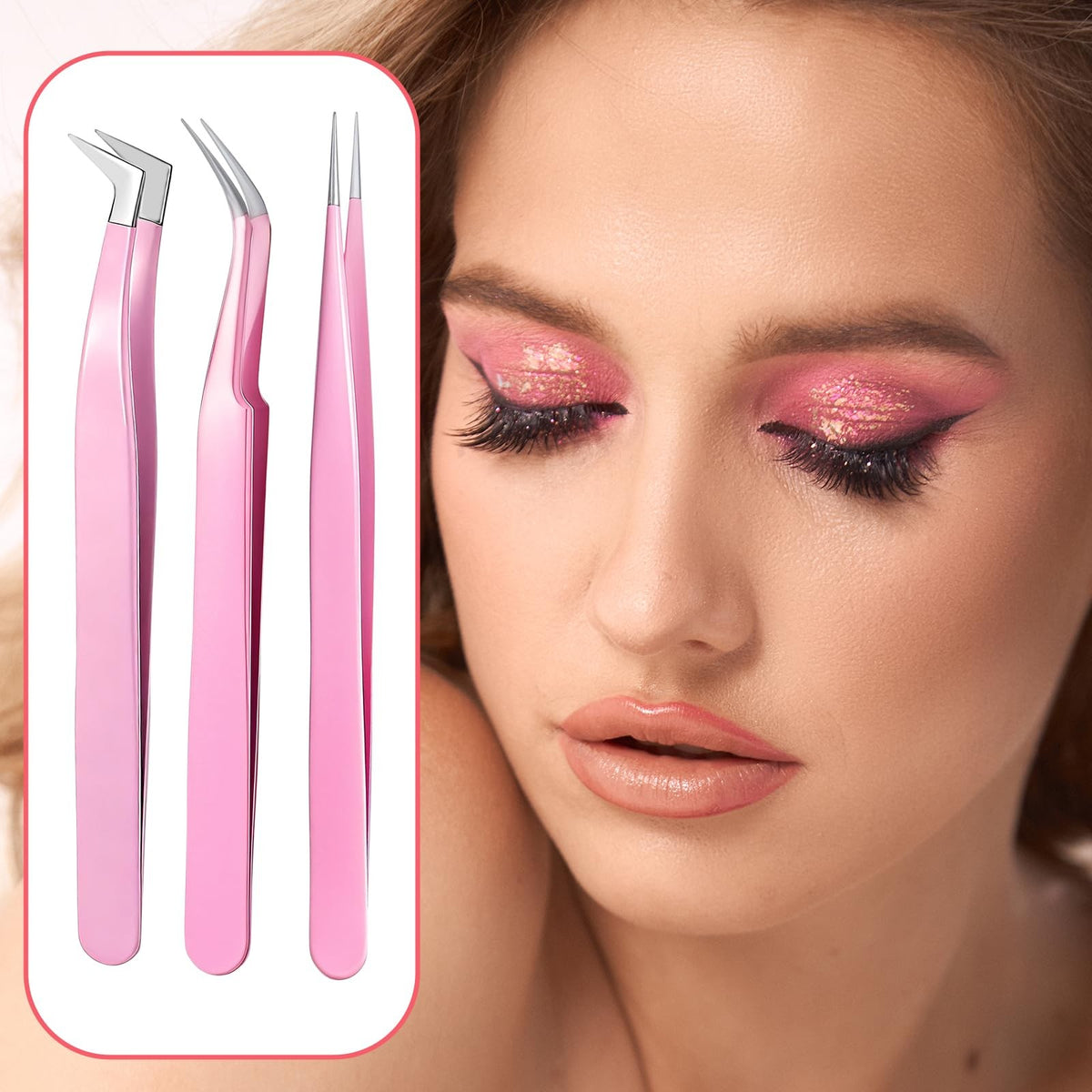 3 Pack Eyelash Extension Tweezers - Precision Straight and Curved in Pink