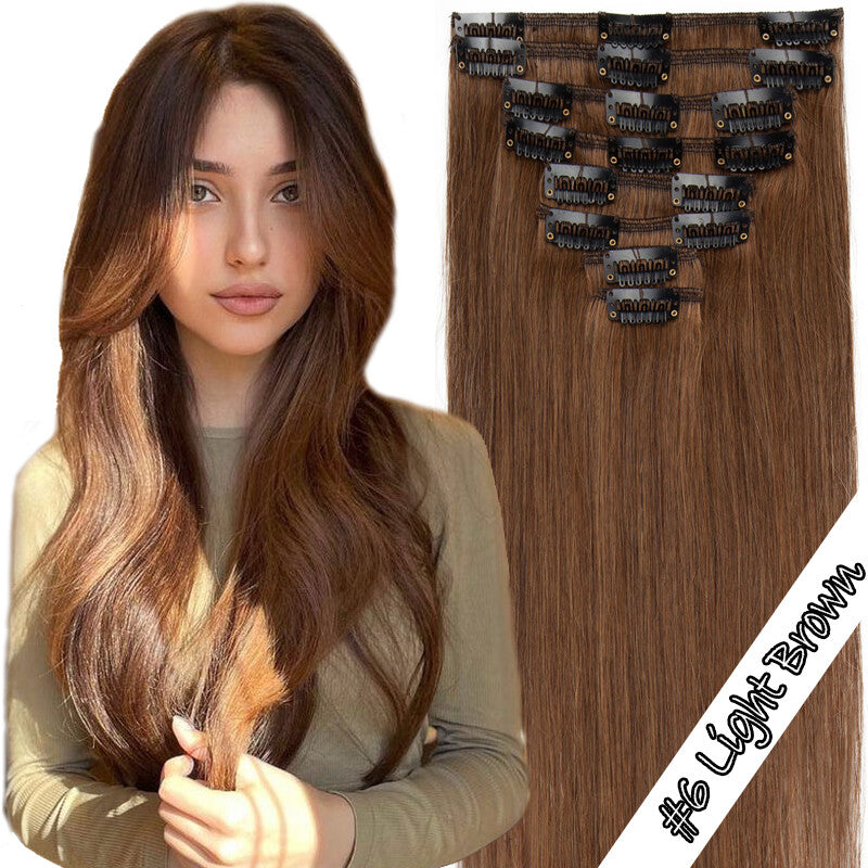 Clip-In Human Hair Extensions - Full Head 8 Pieces, Multiple Colors & Lengths
